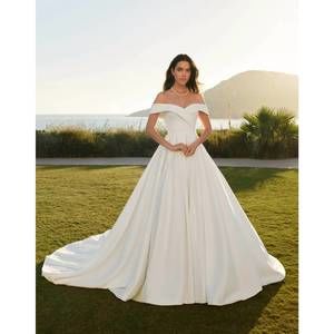 NEW COSMOBELLA satin off-the-shoulder gown in ivory